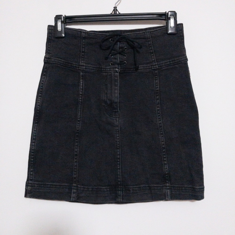 Free People Denim Mini Skirt Womens Size 4 Black Cotton Y2K Femme Lace Up